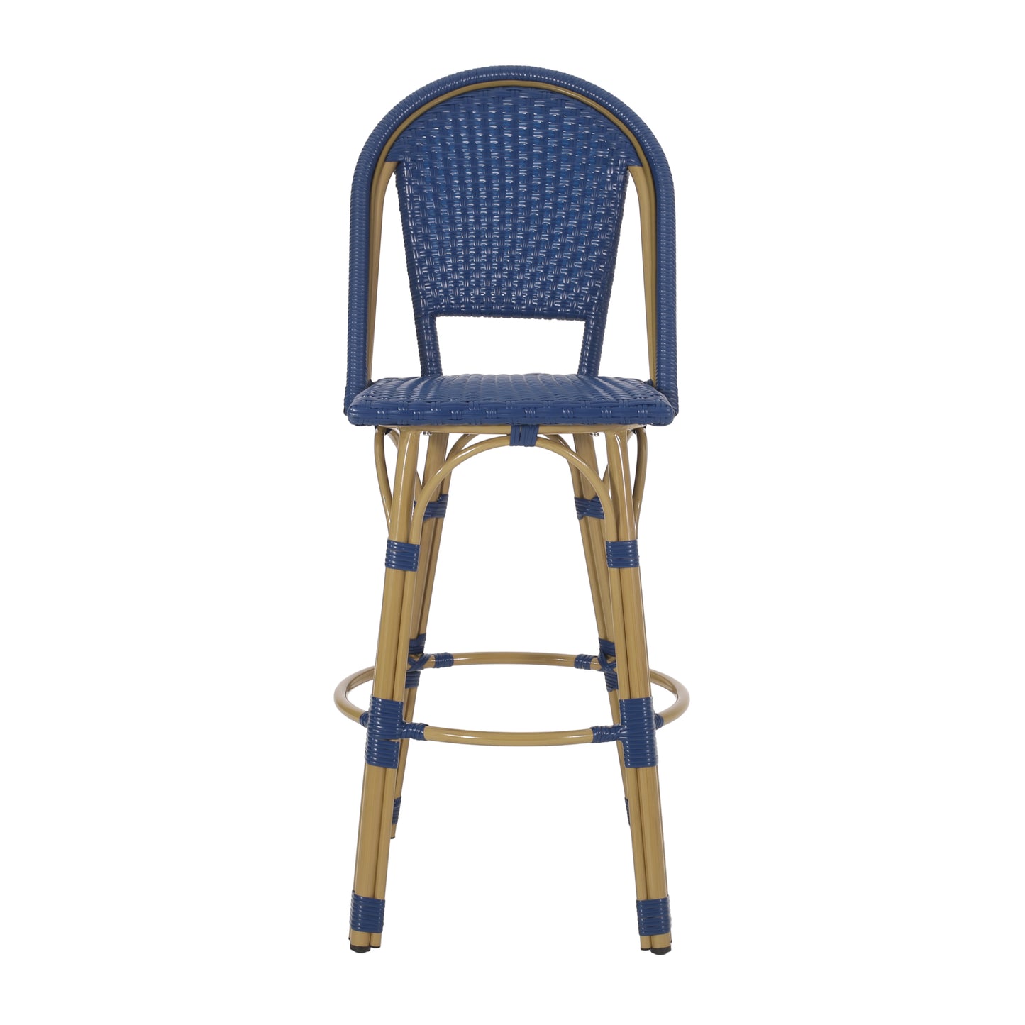 29.5" Outdoor PE Rattan and Aluminum French Barstools, Set of 2, Navy Blue and Bamboo Finish