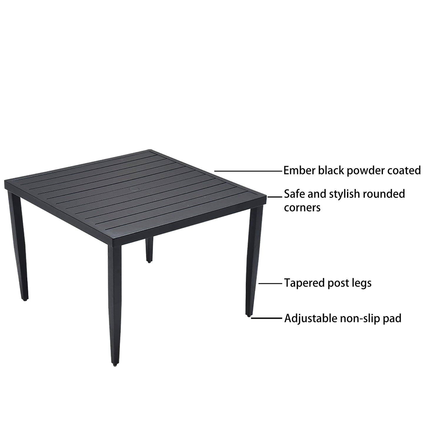 Outdoor Patio Aluminum 40"x40" Square Dining Table with Tapered Feet & Umbrella Hole, Ember Black