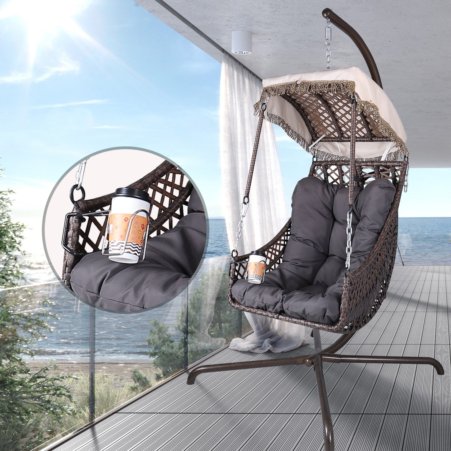 Swing Egg Chair with Stand Indoor Outdoor, Wicker Rattan Frame 350lbs Capacity Hammock Chair for Patio Bedroom with Sunshade Cloth, Courtyard, Cushion And Pillow(OLD W1132P169534)