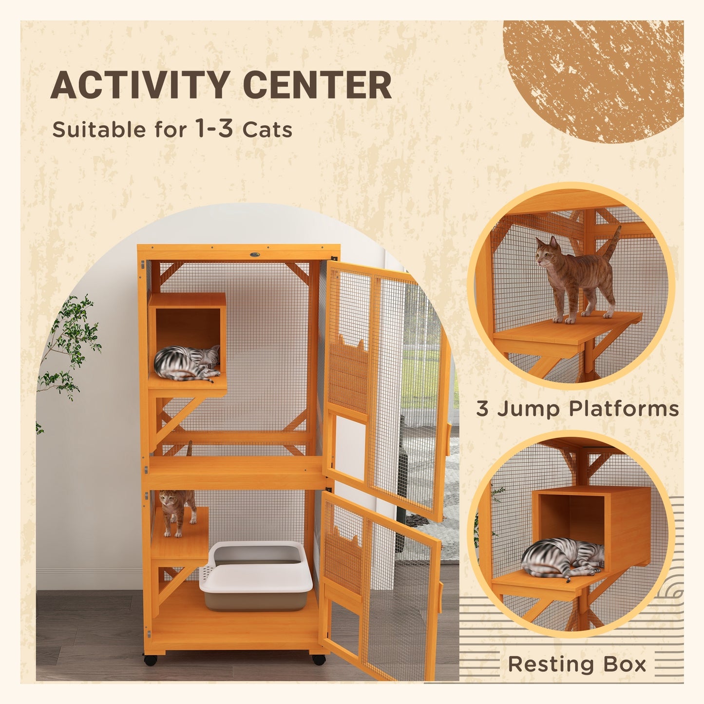 PawHut Large Cat House with High-Up Resting Box, 71" Wooden Catio with Asphalt Roof, Indoor & Outdoor Cat Enclosure on Wheels, for 1-3 Cats, Orange