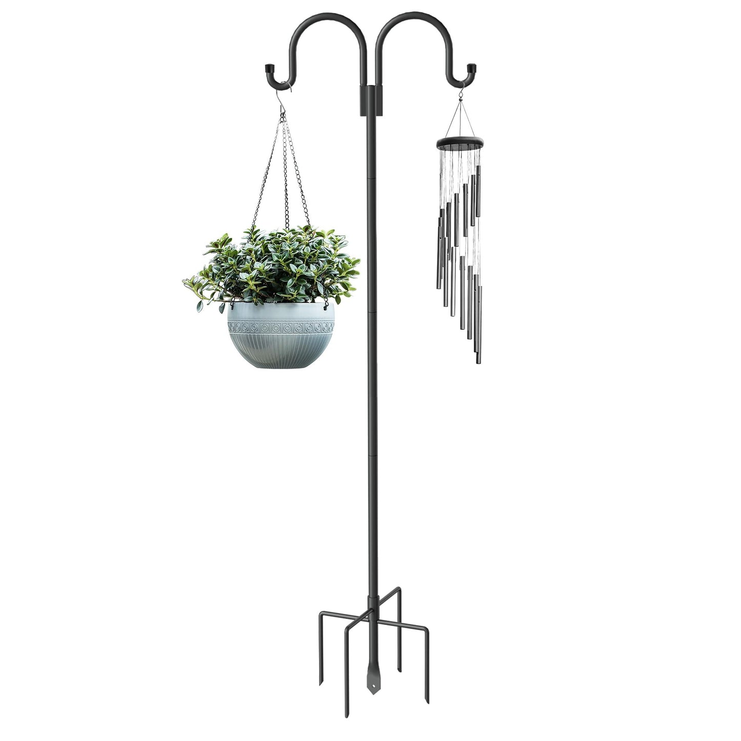 Double Shepherd Hooks for Outdoor, 79 Inch Heavy Duty Bird Feeder Pole for Hanging Bird Feeder, Garden Hooks Plant Baskets, Garden Plant Hanger Stands with 5 Prong Base