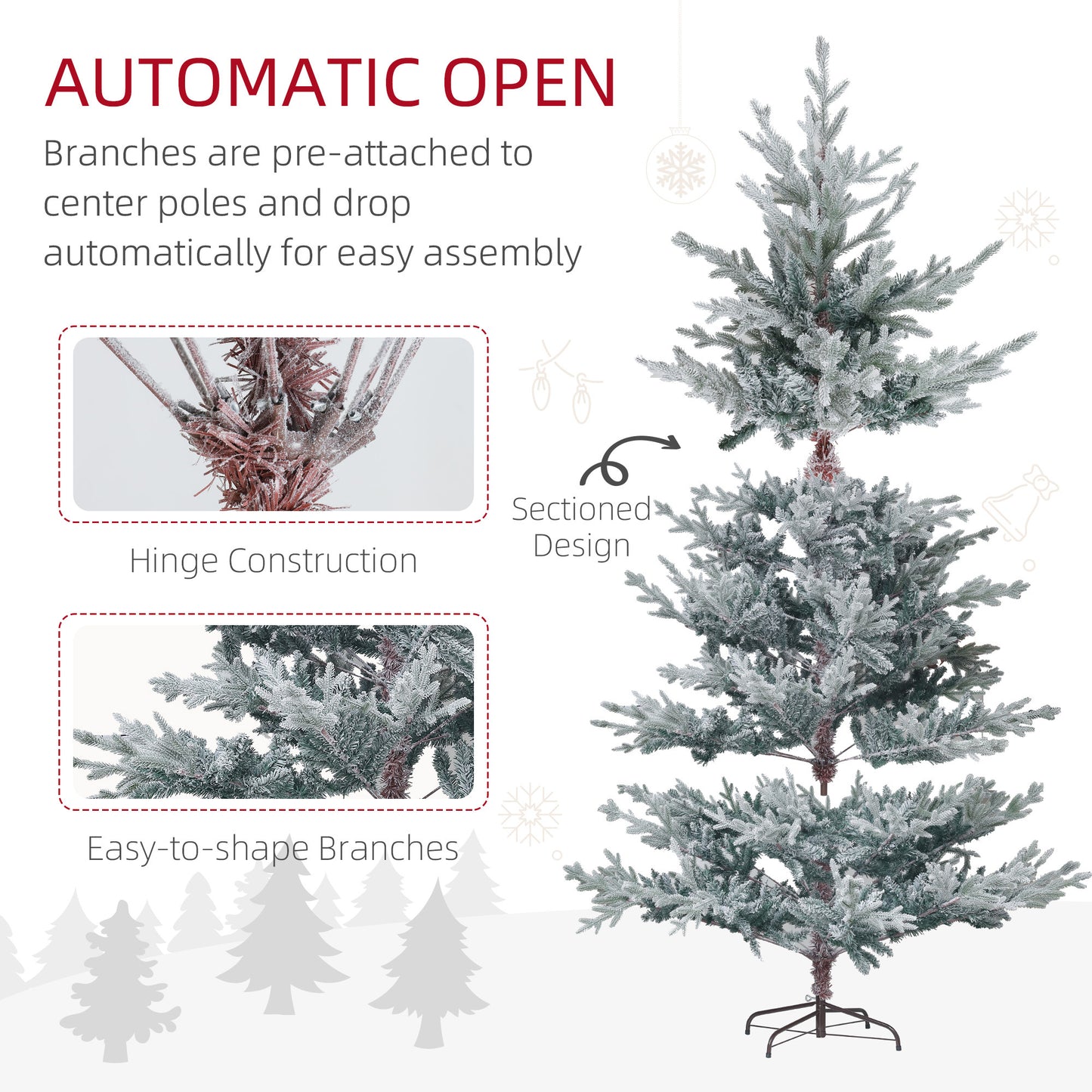 HOMCOM 7.5ft Nordic Pine Artificial Christmas Tree with 1218 Snow Flocked Tips, Foldable Metal Stand, Easy Assembly, Hinged Xmas Tree for Home Office Holiday