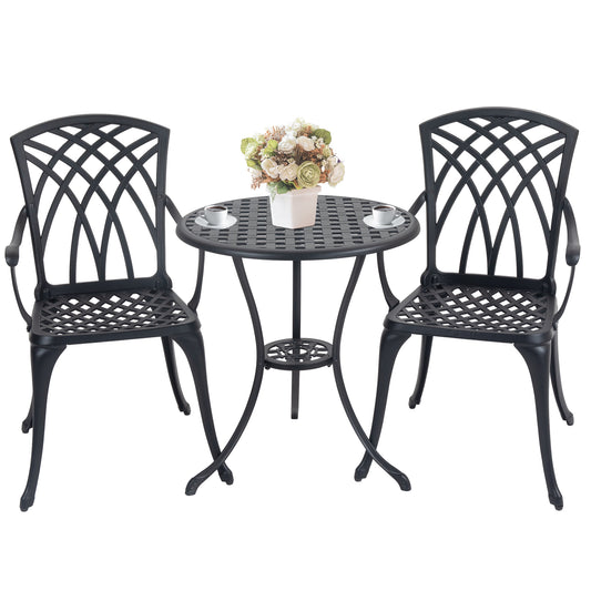 3 Piece Bistro Table Set Cast Aluminum Outdoor Patio Furniture with Umbrella Hole  Patio Balcony, Black