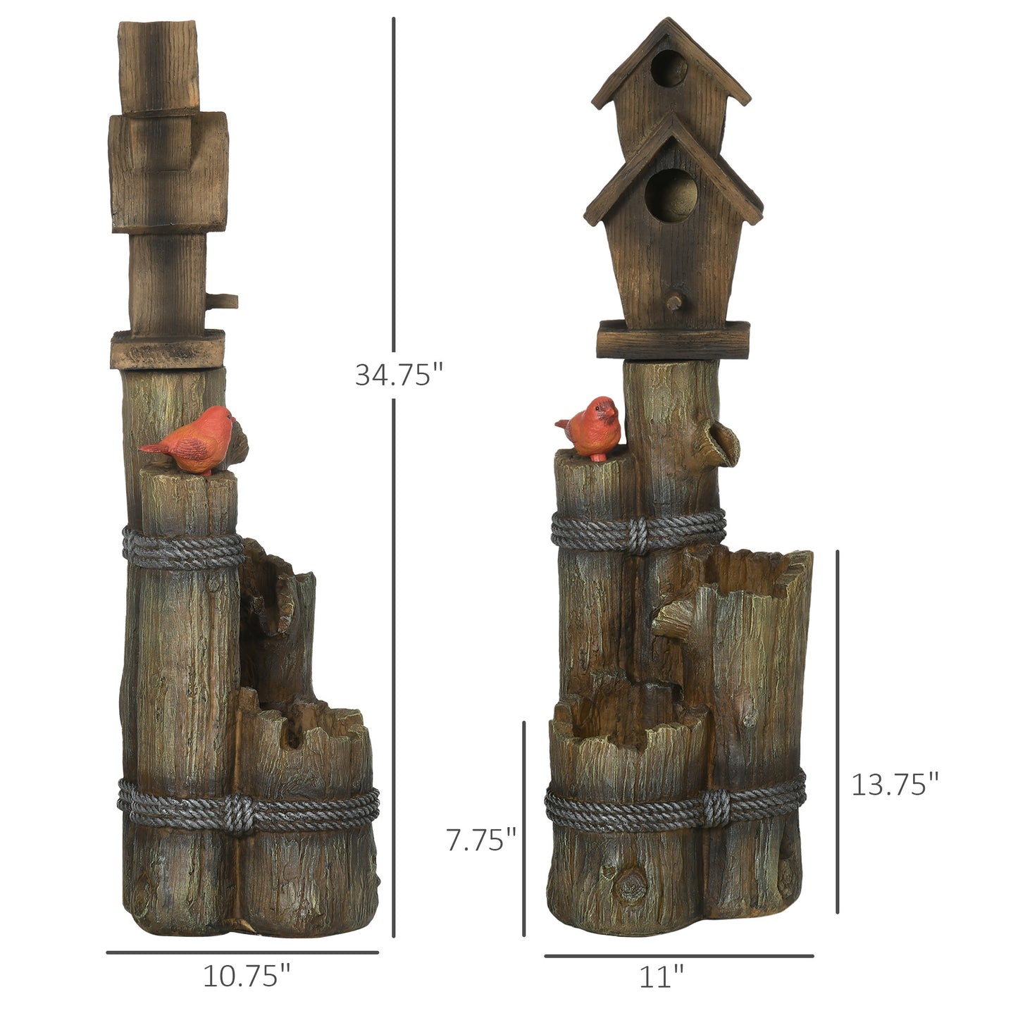 Outsunny Outdoor Fountain with Birdhouse, Cascading Garden Waterfall Bird Bath with 3-Tier Rustic Tree Trunk / Log Design, LED Lights for Porch, Deck, Yard Decor, Brown