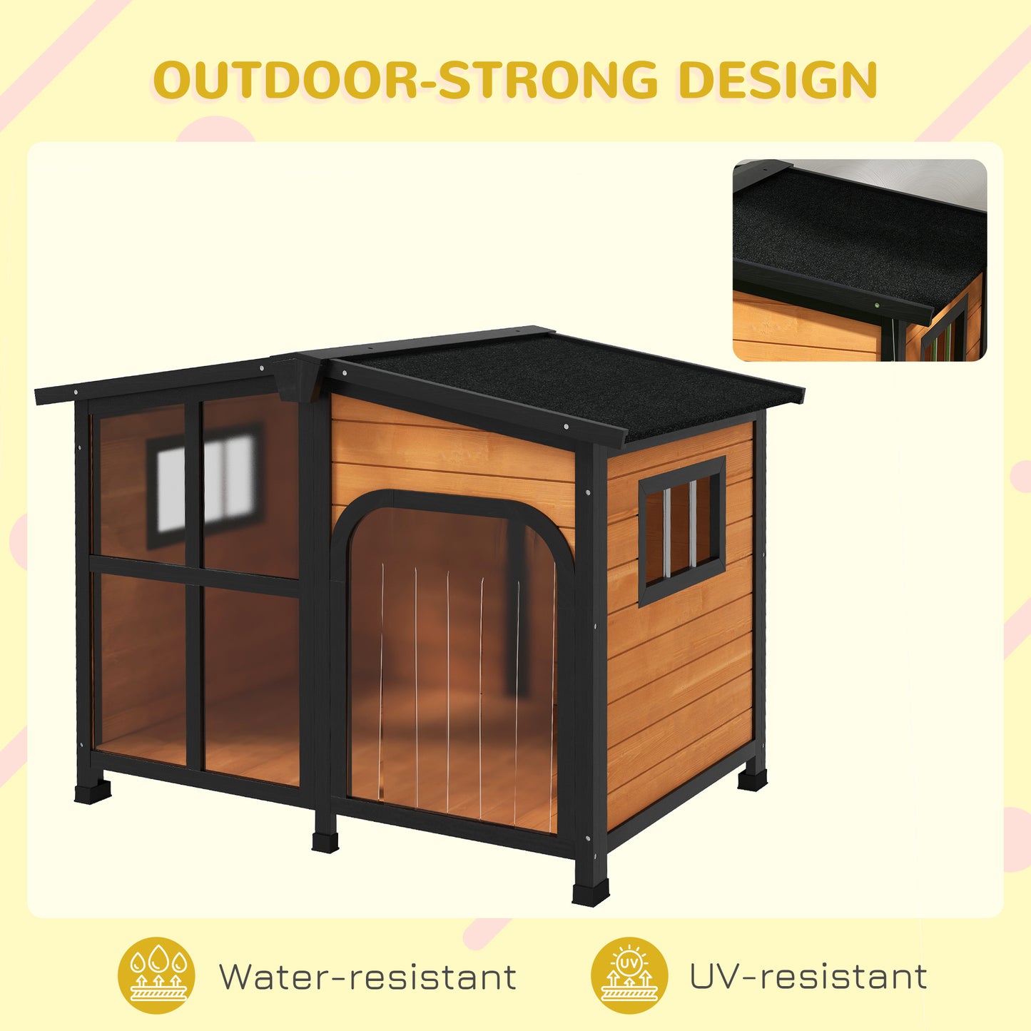 PawHut Outside Cabin-Style Wooden Dog House for Large Dogs with Openable Roof & Giant Window, Outdoor & Indoor Big Dog House, Asphalt Roof, Yellow