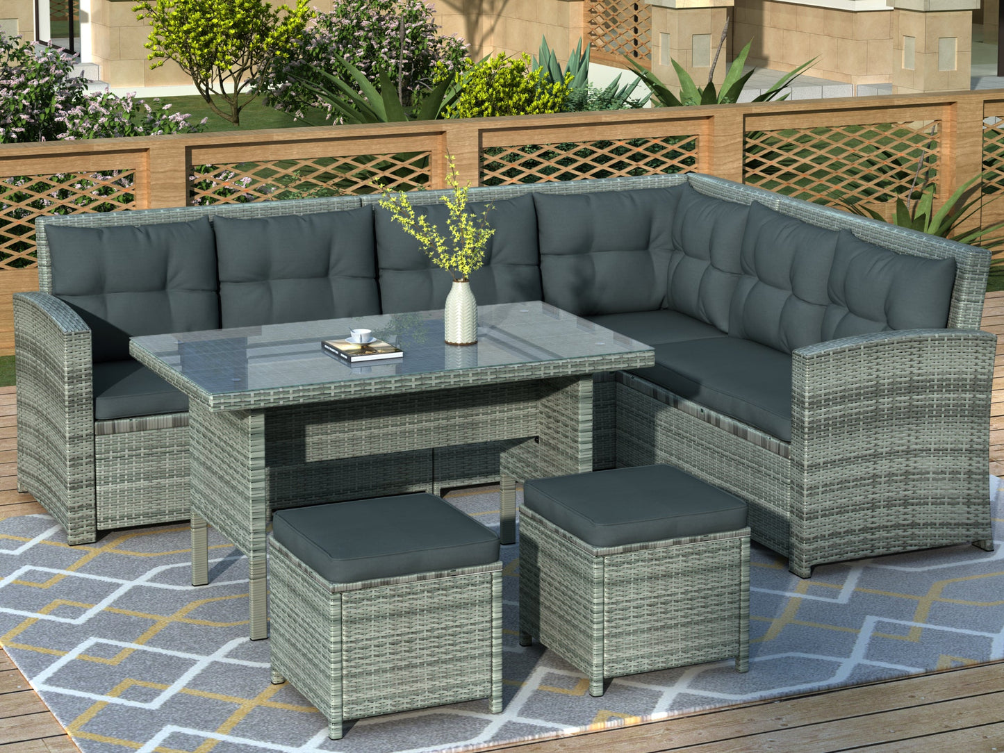 6-Piece Patio Furniture Set Outdoor Sectional Sofa with Glass Table,