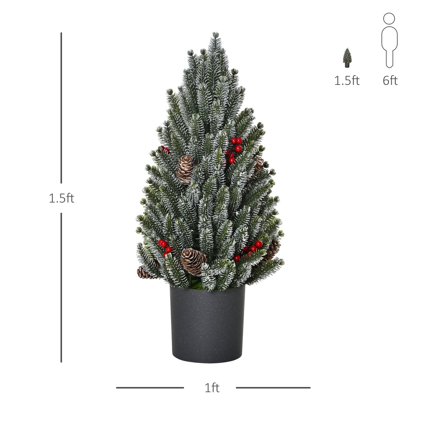 HOMCOM 18" Tall Unlit Miniature Snow-Flocked Tabletop Artificial Christmas Tree, Holiday Decoration with Pine Cones and Berries