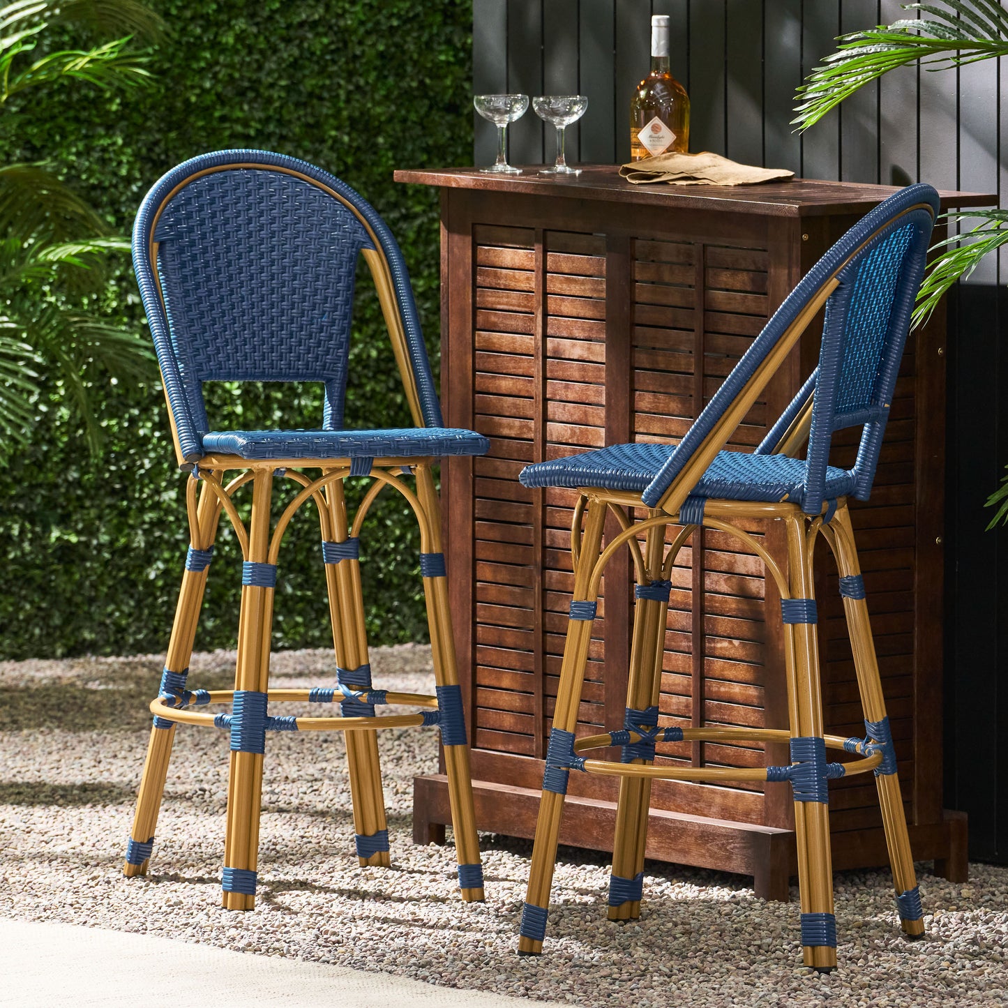 29.5" Outdoor PE Rattan and Aluminum French Barstools, Set of 2, Navy Blue and Bamboo Finish