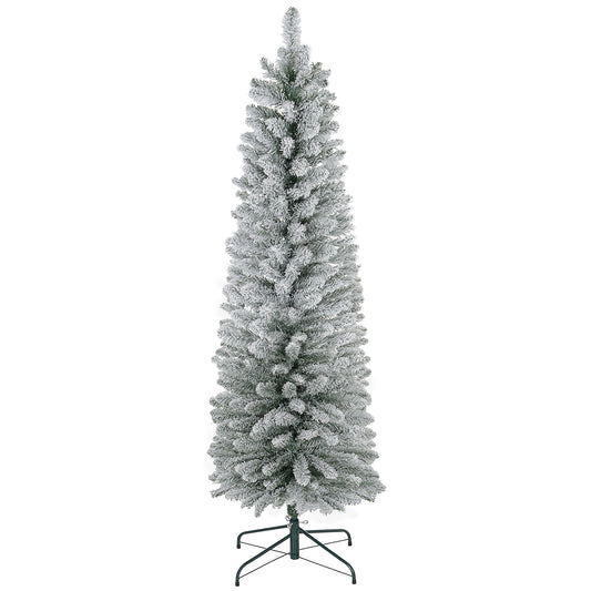 HOMCOM 5ft Artificial Pencil Christmas Tree with 263 Snow Flocked Tips, Metal Base, Realistic Xmas Tree