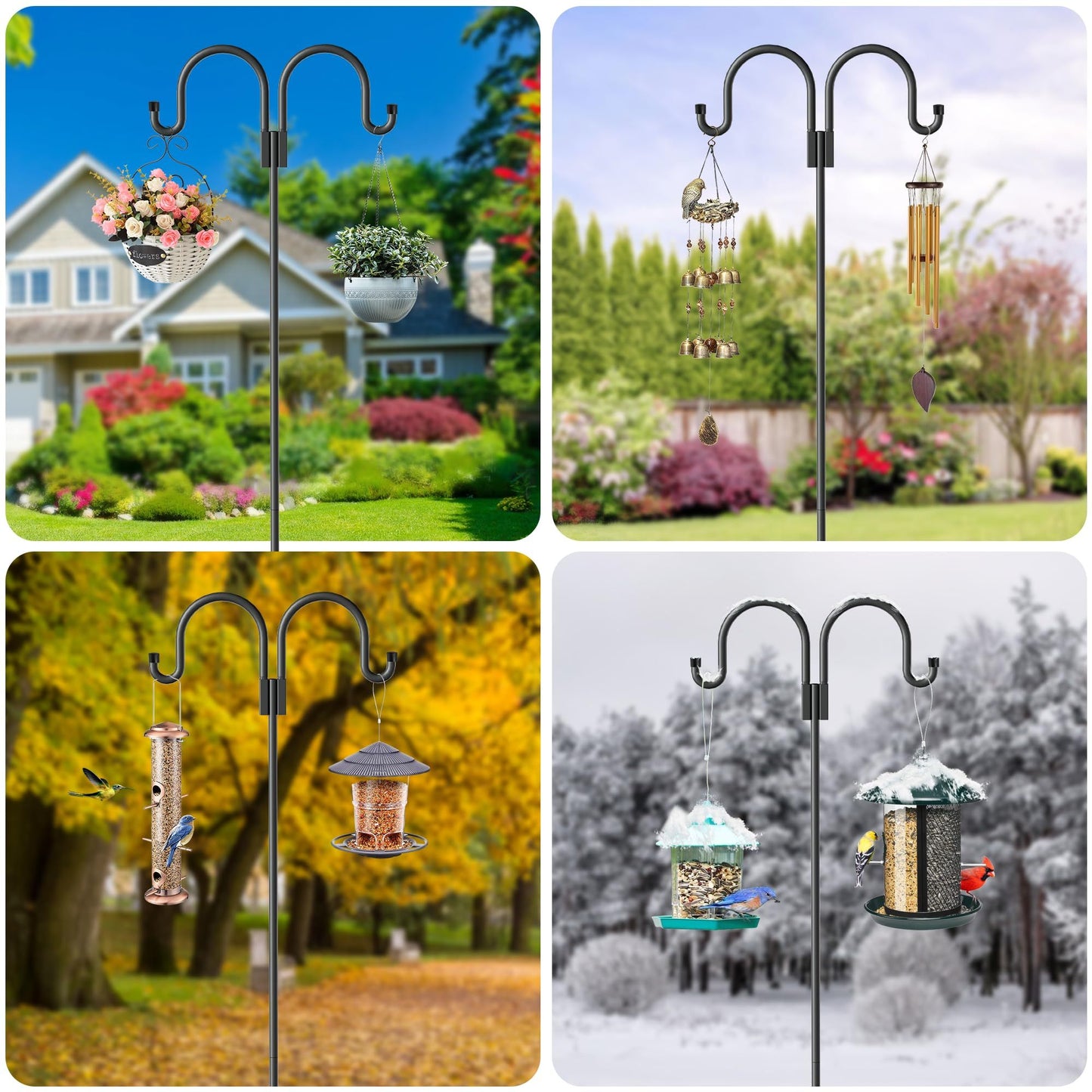 Double Shepherd Hooks for Outdoor, 79 Inch Heavy Duty Bird Feeder Pole for Hanging Bird Feeder, Garden Hooks Plant Baskets, Garden Plant Hanger Stands with 5 Prong Base