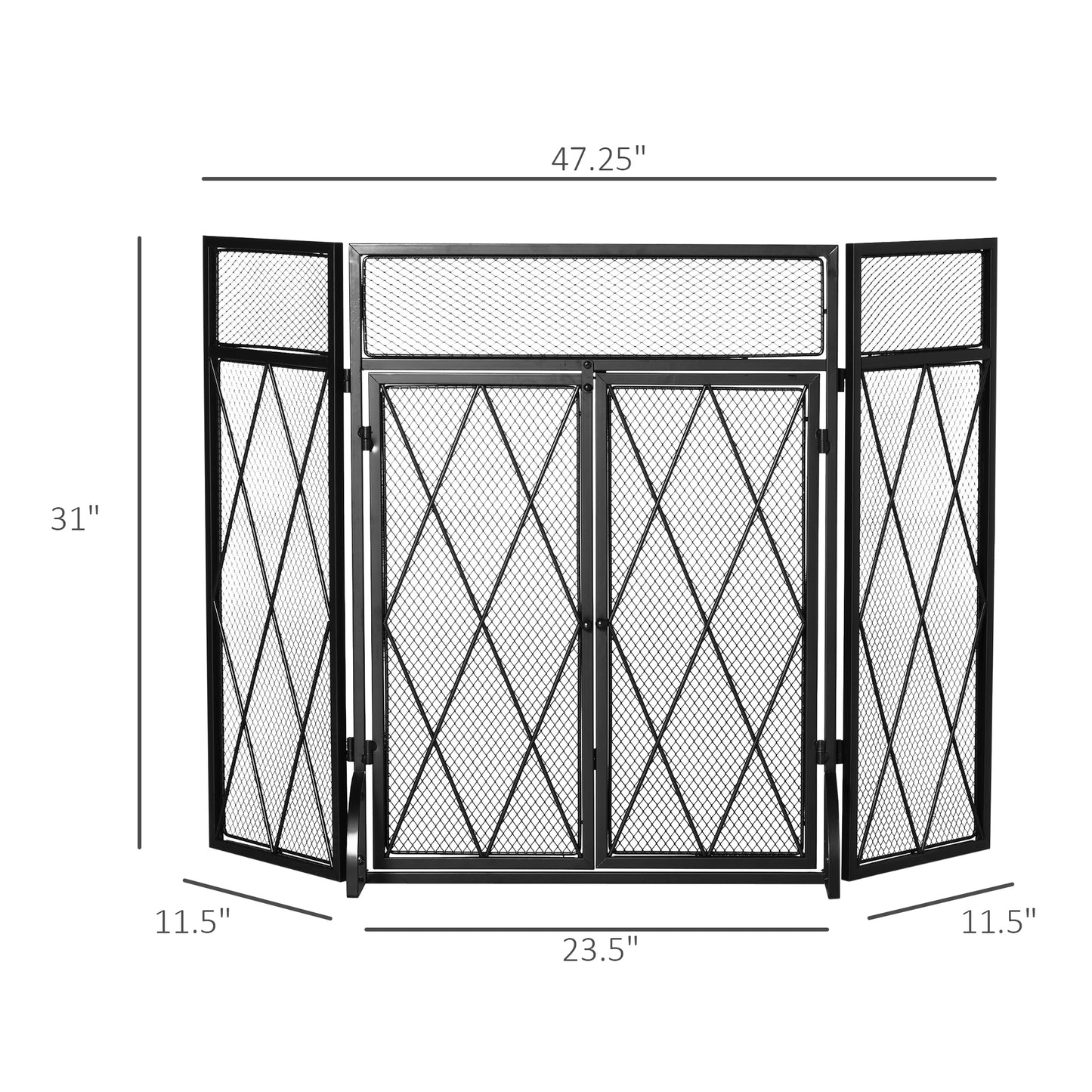 3-Panel Folding Fireplace Screen for Wood Burning with Double Doors, Home Heavy Duty Steel Fire Spark Guard, 47.25" x 31", Black