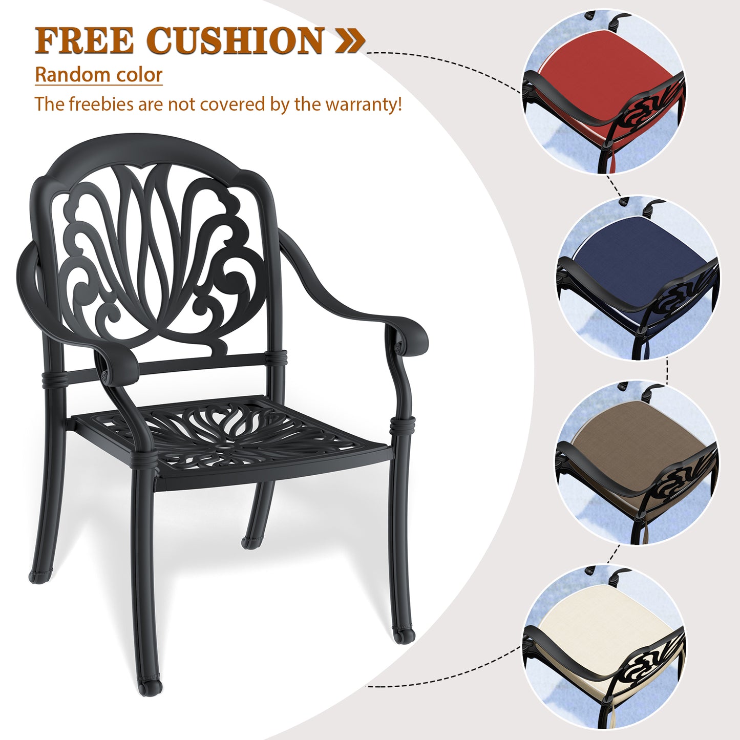 Cast Aluminum Patio Dining Chair 4PCS With Black Frame and Cushions In Random Colors