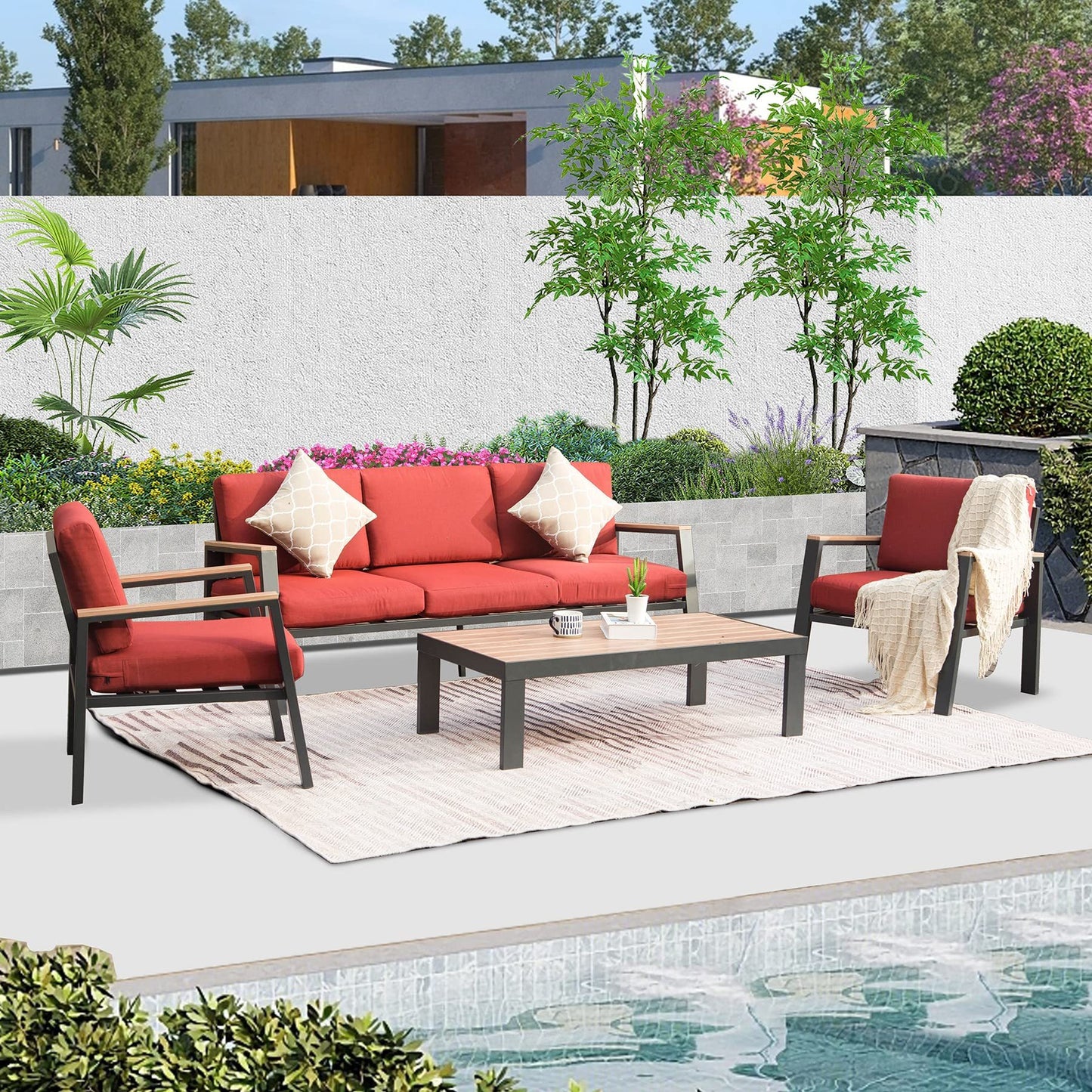 4 Pieces Aluminum Outdoor Patio Furniture Set, Modern Outdoor Sectional with Outdoor Patio Coffee Table & 7 Inch Cushion, Outdoor Patio Sectional Sofa Set for Balcony, Garden, Red