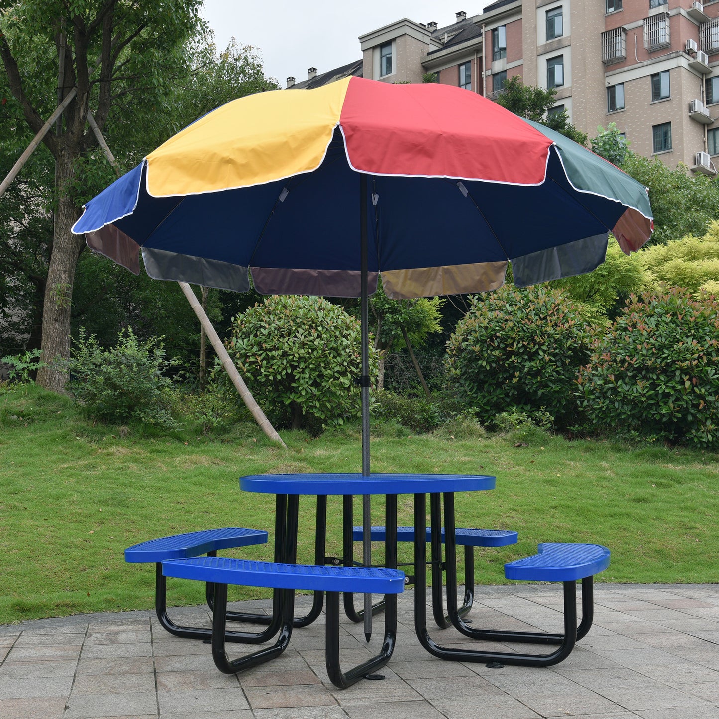 Round Outdoor Steel Picnic Table 46" blue ,with umbrella pole