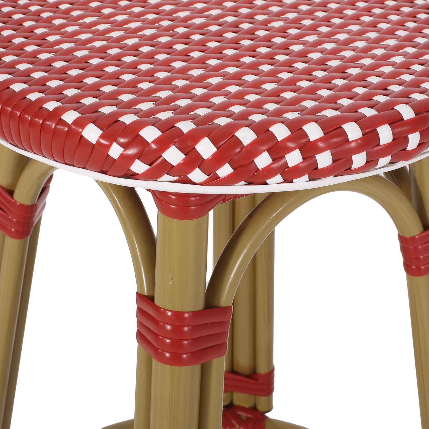 Outdoor PE Ratten and Aluminum 29.5" French Backless Barstools, Set of 2, Red, Bamboo Print Finish