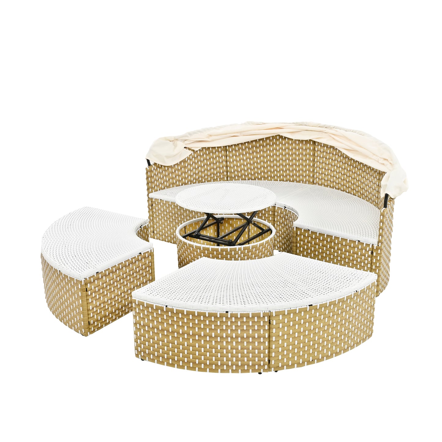 TOPMAX Patio Furniture Round Outdoor Sectional Sofa Set Rattan Daybed Two-Tone Weave Sunbed with Retractable Canopy, Separate Seating and Removable Cushion, Beige