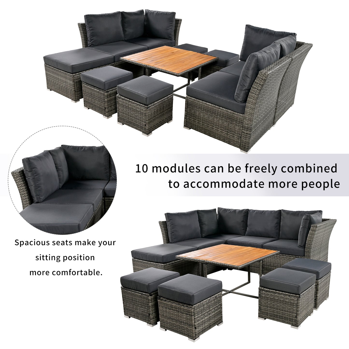 U_STYLE Patio Furniture Set, 10 Piece Outdoor Conversation Set, CoffeeTable with Ottomans, Solid wood coffee table