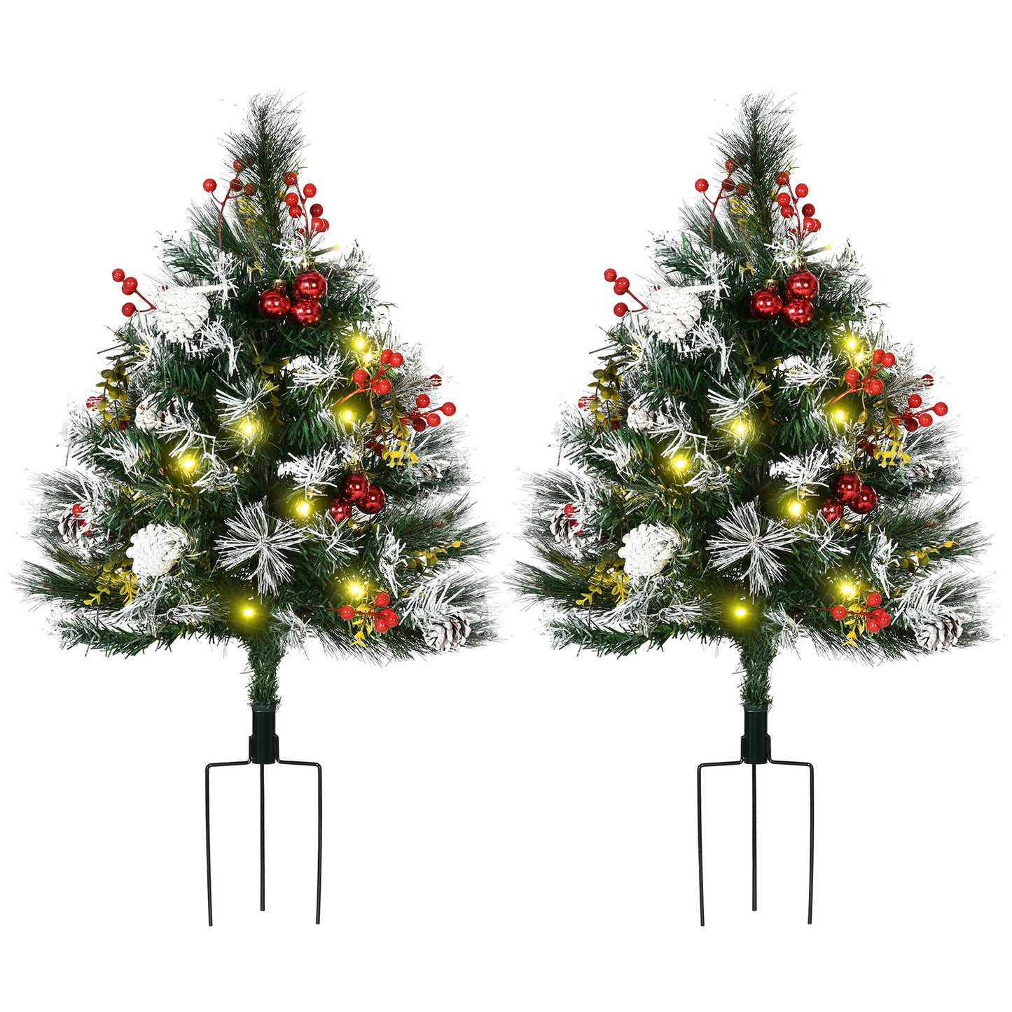 HOMCOM 2.5 Ft/30" 2 Pack Outdoor Entryway Pre-Lit Artificial Christmas Tree Cordless with 70 Branches, Warm White LED lights, Red Berries, Pine Cones, Balls, Green