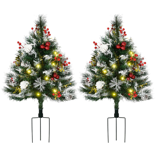 HOMCOM 2.5 Ft/30" 2 Pack Outdoor Entryway Pre-Lit Artificial Christmas Tree Cordless with 70 Branches, Warm White LED lights, Red Berries, Pine Cones, Balls, Green