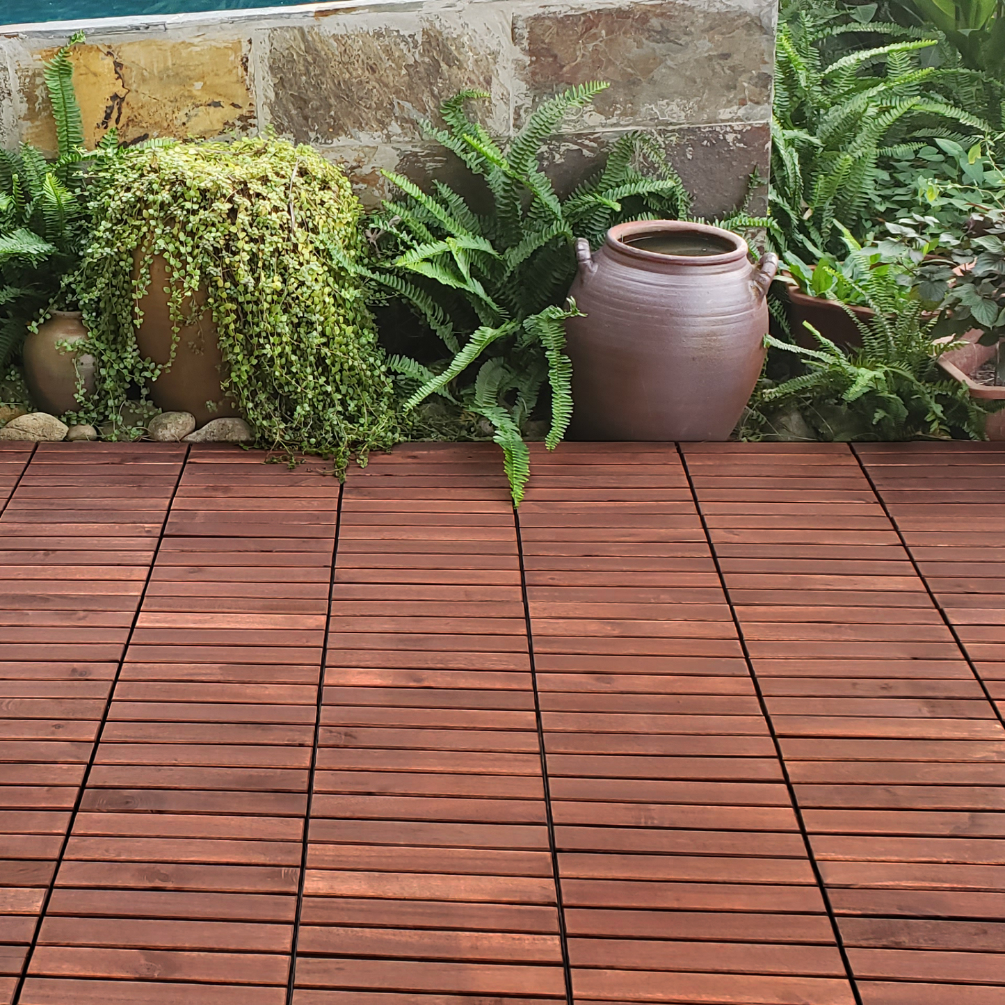 10 PCS Interlocking Deck Tiles Striped Pattern, 12" x 12" Square Acacia Hardwood Outdoor Flooring for Patio, Bancony, Pool Side,...