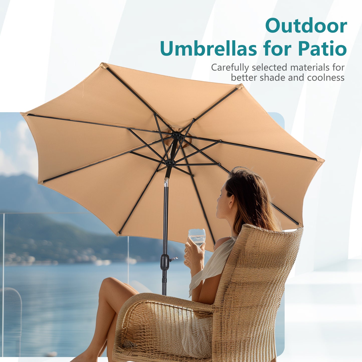 9 foot outdoor patio umbrella with button tilt and crank, Outdoor patio/market table umbrella UV protected and waterproof, khaki