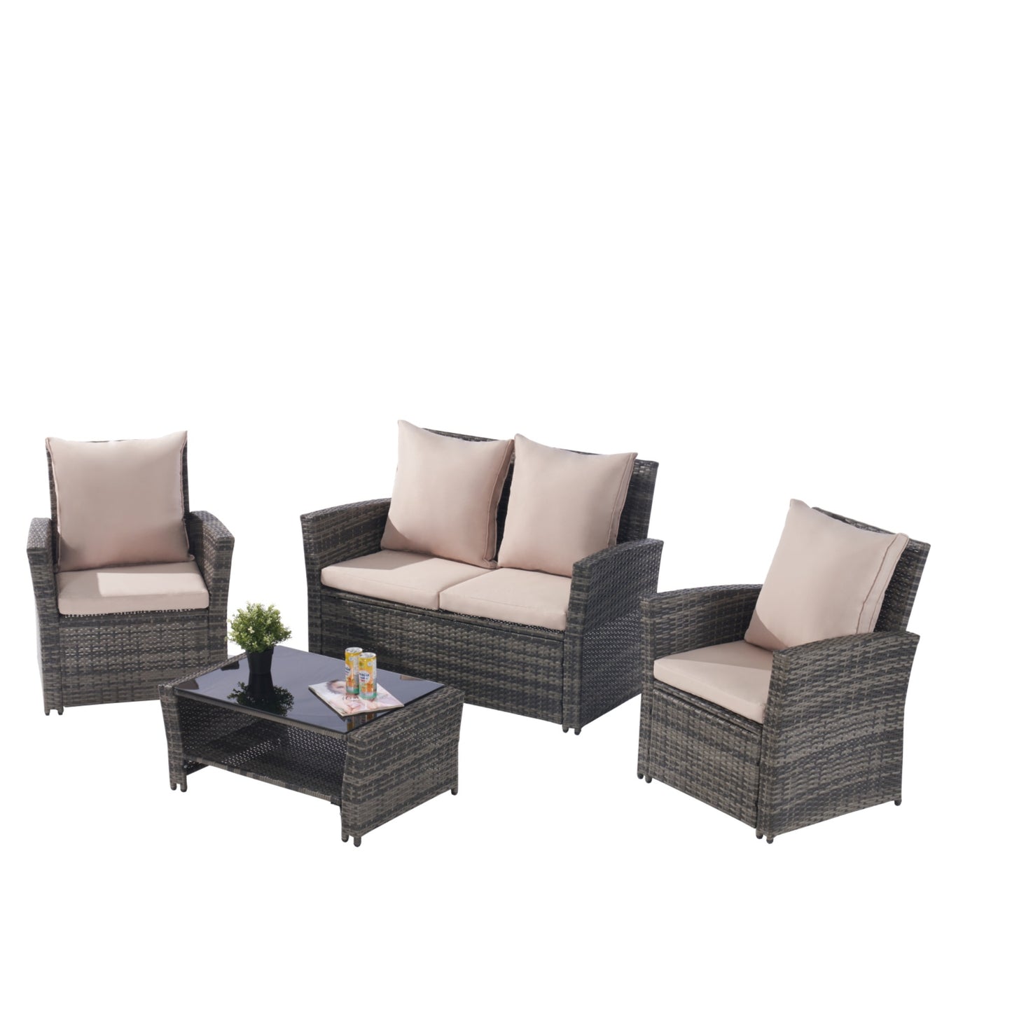 4 Pieces Outdoor Patio Furniture Sets Garden Rattan Chair Wicker Set, Poolside Lawn Chairs with Tempered Glass Coffee Table Porch Furniture,  Gray Rattan +  sand color Cushion