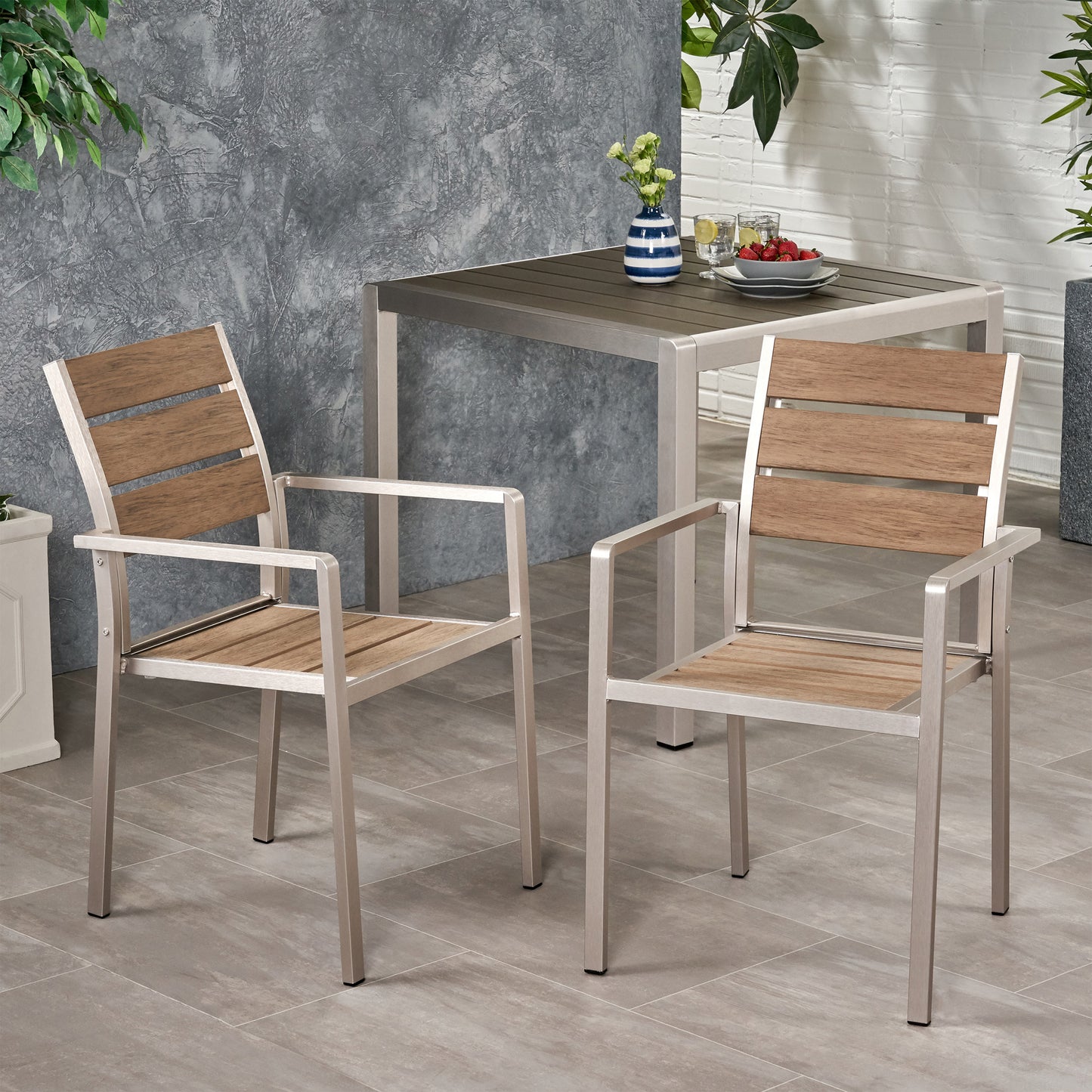 Outdoor Modern Aluminum Dining Chair with Faux Wood Seat (Set of 2), Natural and Silver