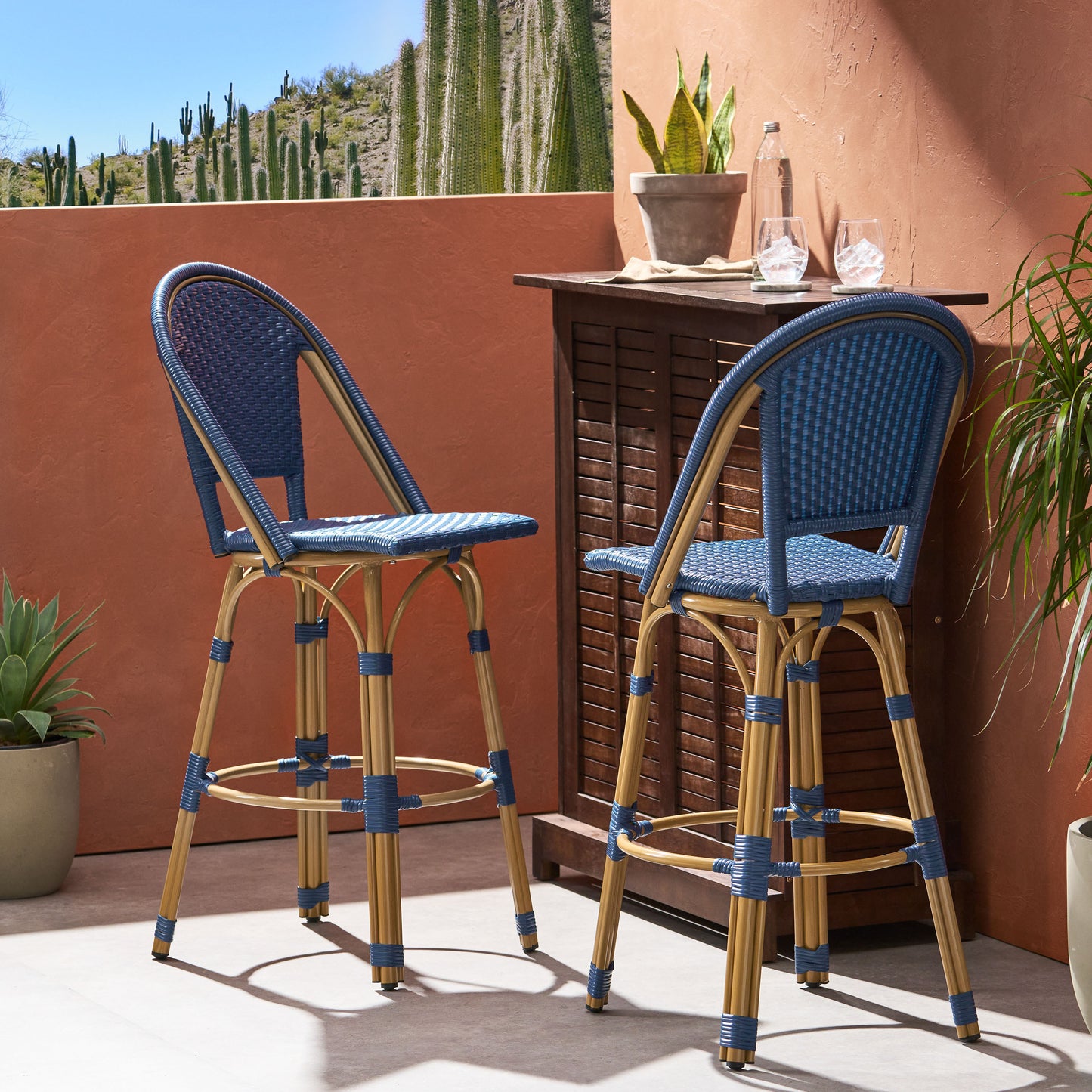 29.5" Outdoor PE Rattan and Aluminum French Barstools, Set of 2, Navy Blue and Bamboo Finish