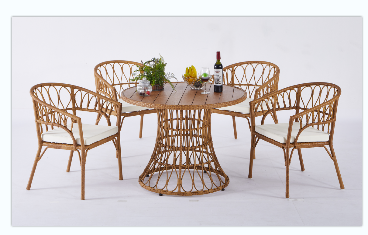 Outdoor dining set of 5,  simple bamboo dinning table , PE ratten round table 110CM plastic wood top, Bamboo looking ratten base, 4 dinning chairs with cushion, stackable