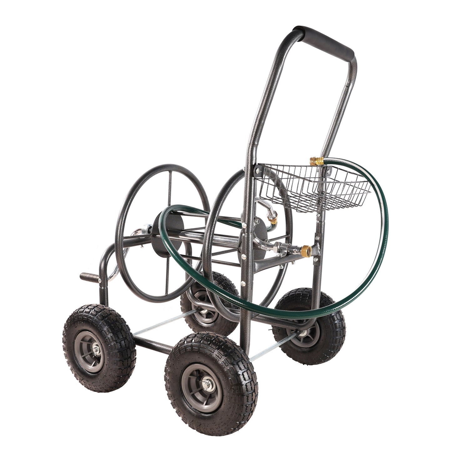 Garden Hose Reel Cart - 4 Wheels Portable Garden Hose Reel Cart with Storage Basket Rust Resistant Heavy Duty Water Hose Holder