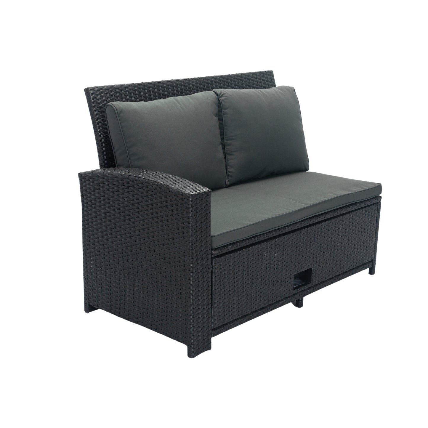 5 Piece Patio wicker Outdoor Sectional Set 9 Seater Conversation Set with 3 Storage Under Seat Black Wicker + Dark Grey Cushion