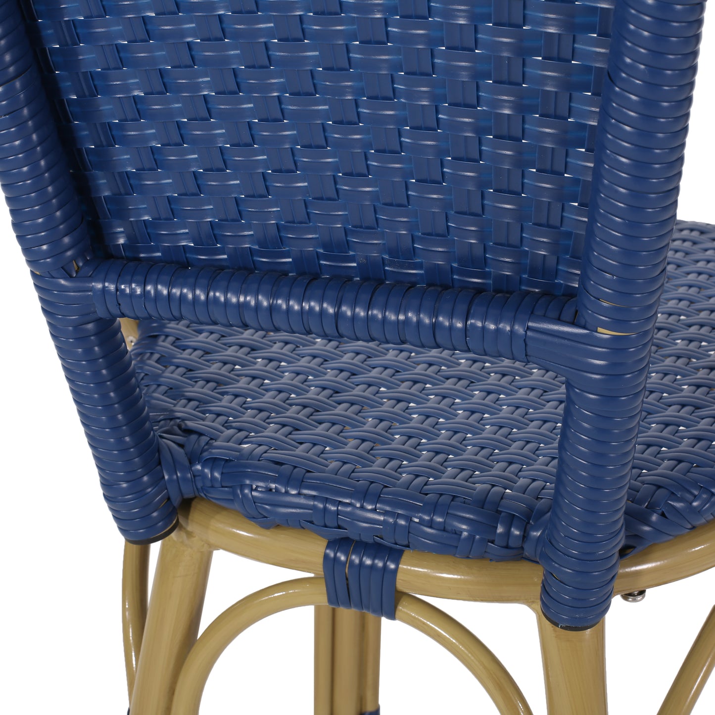 29.5" Outdoor PE Rattan and Aluminum French Barstools, Set of 2, Navy Blue and Bamboo Finish