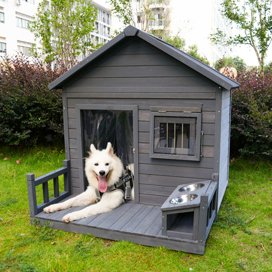 Large dog house, 44.2" long x 44.6" wide x 44.6" high solid wood asphalt roof dog house for large dogs with large terrace, weatherproof large dog house,Complimentary dog bowl