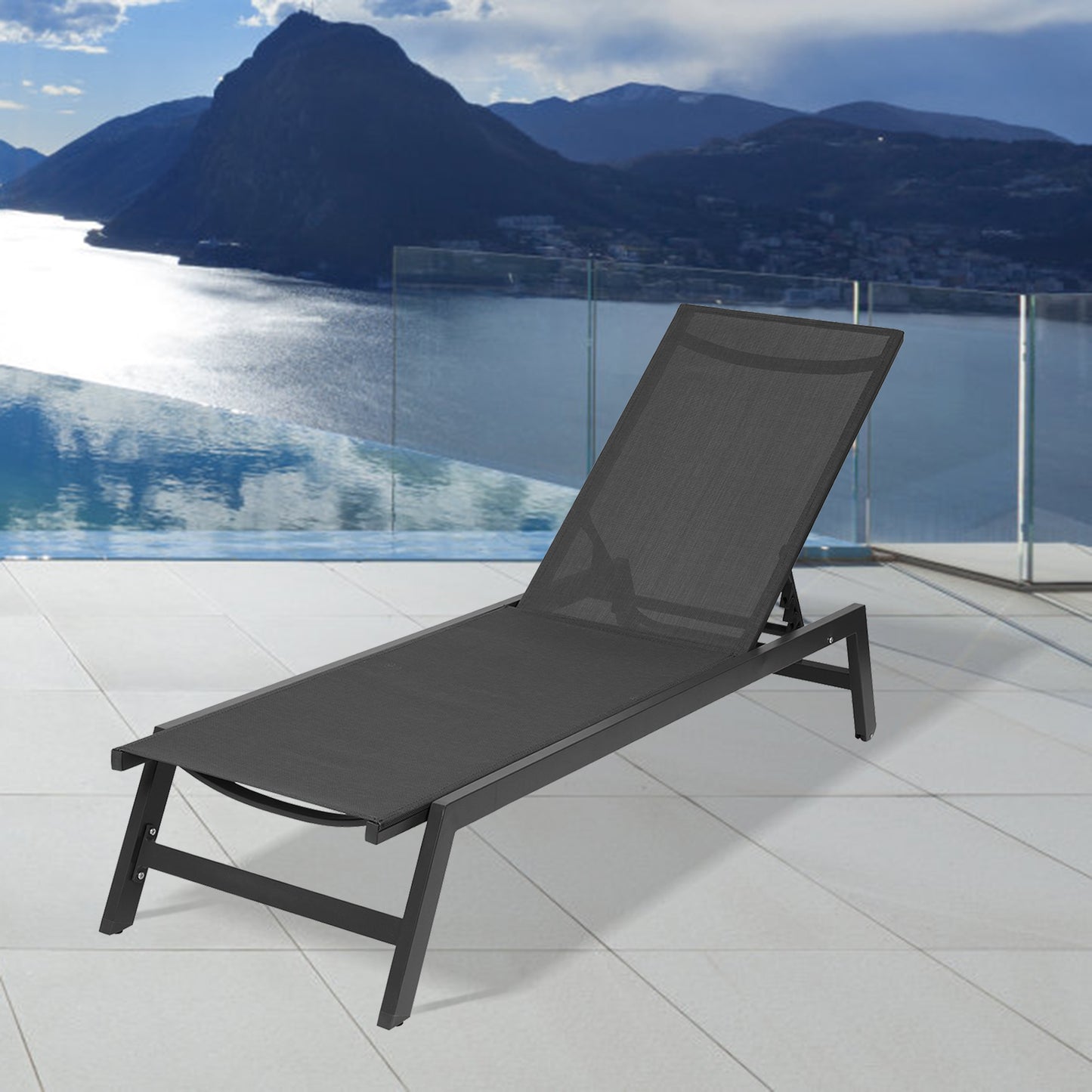 NEW Outdoor Chaise Lounge Chair,Five-Position Adjustable Aluminum Recliner,All Weather For Patio,Beach,Yard, Pool(Grey Frame/Black Fabric) Same as W41939292