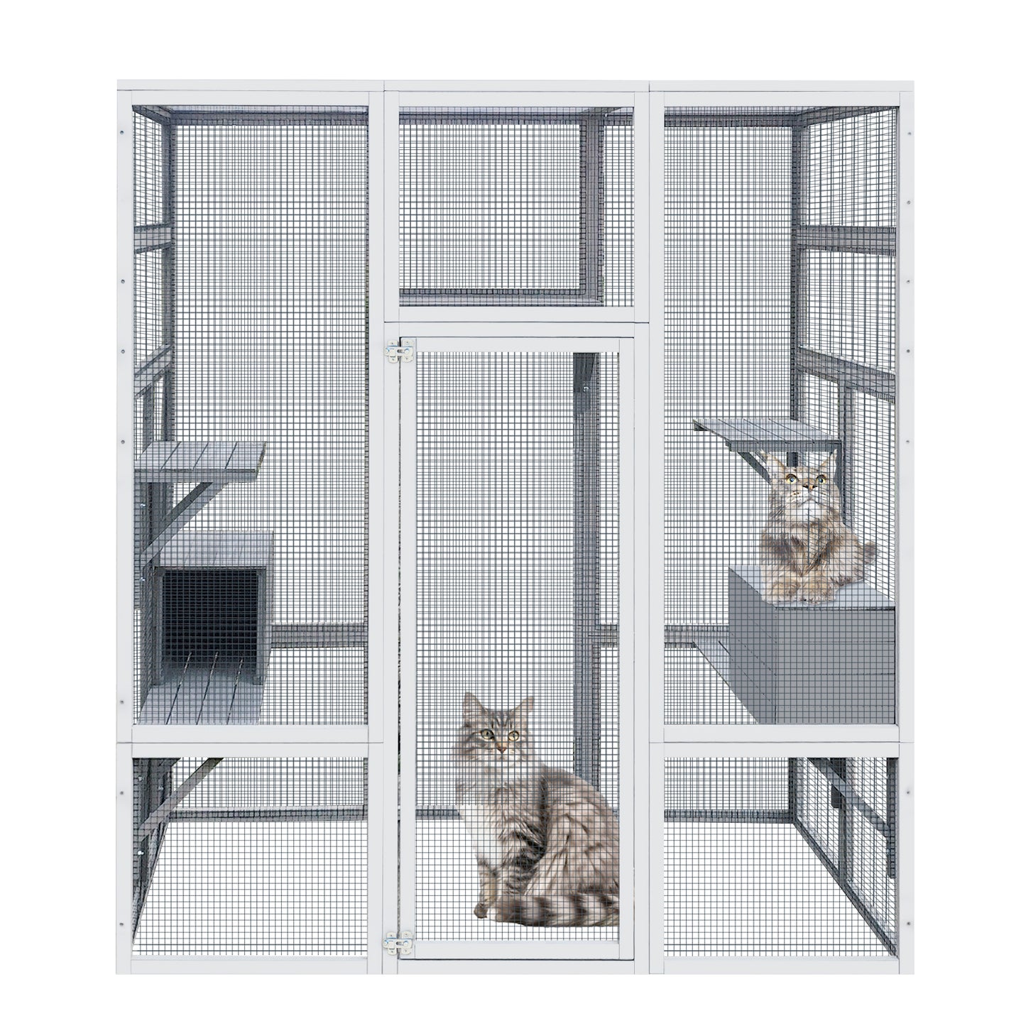 62.6" Outdoor Wooden Cat House Large Catio,  Solid Wood Cat Cage Shelter Enclosure Playpen with Anti-UV& Waterproof, 7 Platforms and 2 Resting Boxes