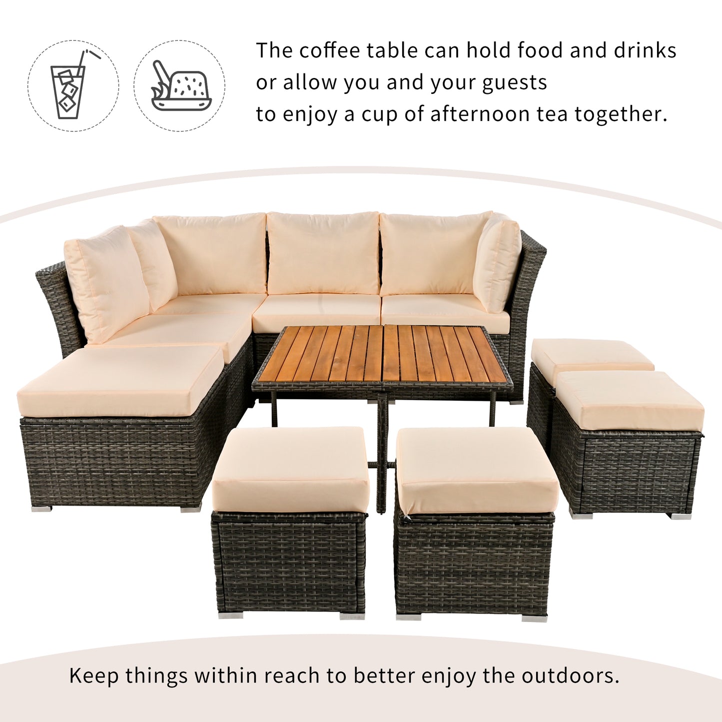 U_STYLE Patio Furniture Set, 10 Piece Outdoor Conversation Set, CoffeeTable with Ottomans, Solid wood coffee table