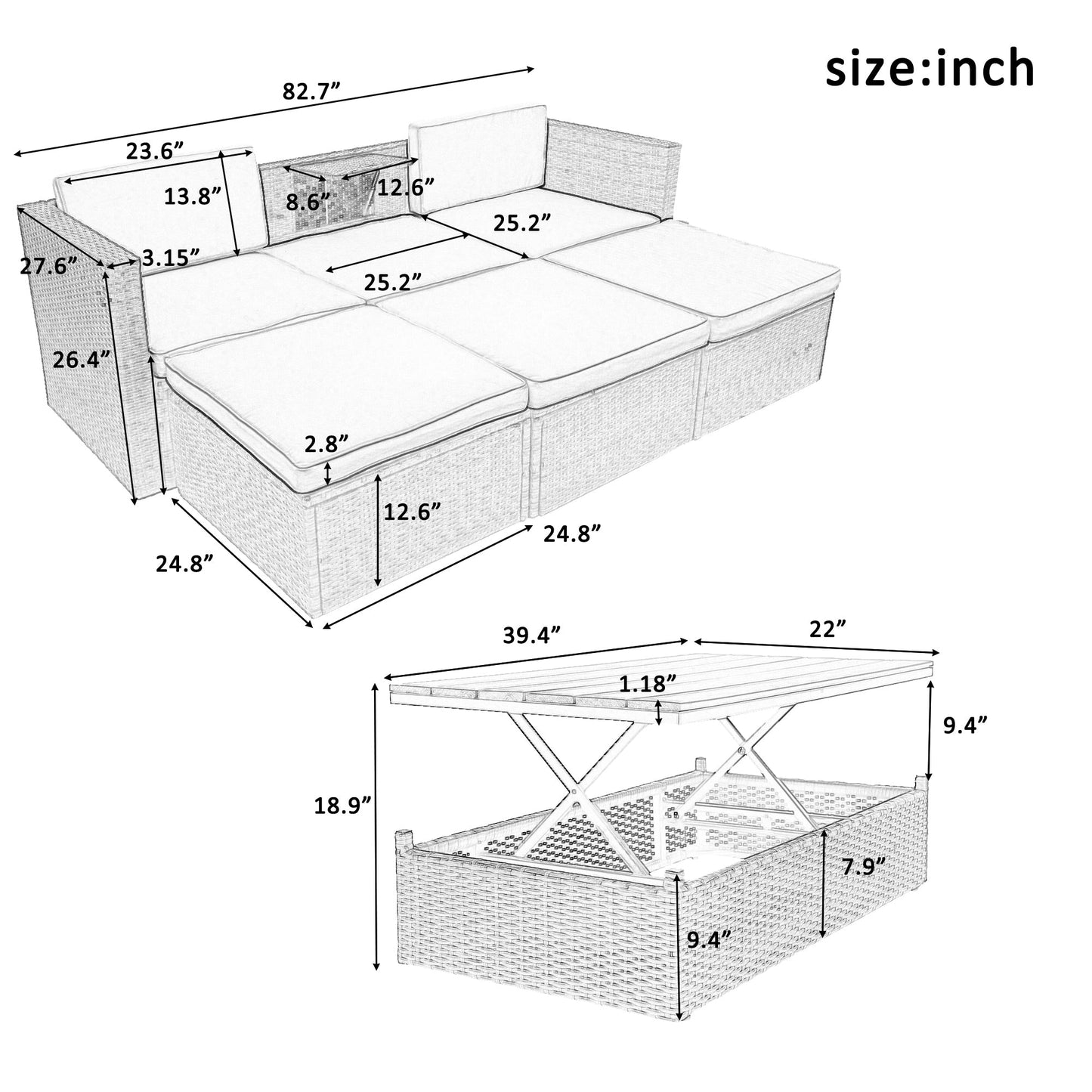 Patio Furniture Sets, 5-Piece Patio Wicker Sofa with Adustable