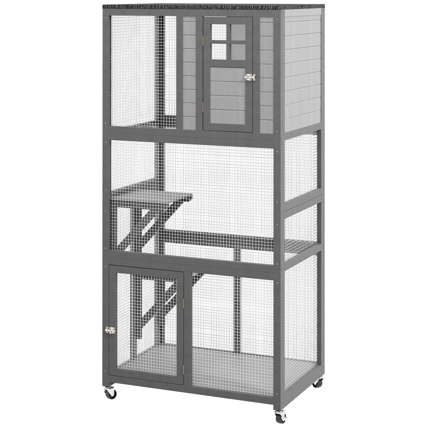 PawHut 74" Wooden Catio Outdoor Cat House Weatherproof & Wheeled, Outside Cat Enclosure with High Weight Capacity, Kitten Cage Condo, Light Gray