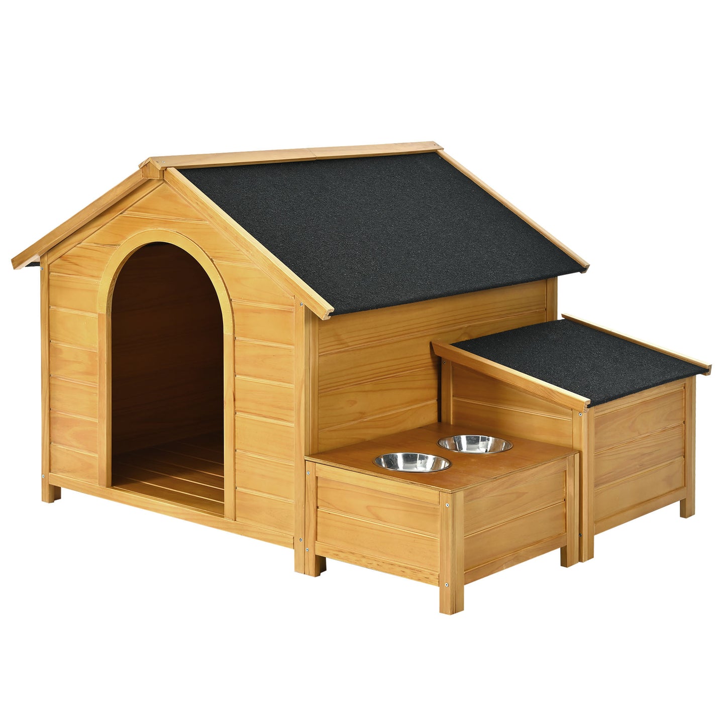 GO 51.18" L x 43.7" W x 37" H Large Size Wooden Dog House, Dog Crate For large dog breeds, Cabin Style Raised Dog Shelter with Asphalt Roof, Solid Wood, Weatherproof, Nature