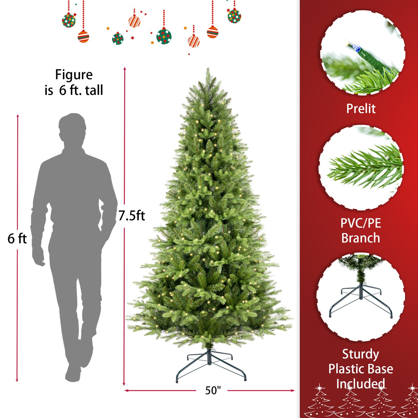 7.5ft Artificial Christmas Tree Prelit PE&PVC With Metal Stand,550 Multi-Colour LED Lights,2286 Branch Tips Green Everett Balsam Tree Easy Assembly For Indoor,Home 50 x 50 x 90 inches