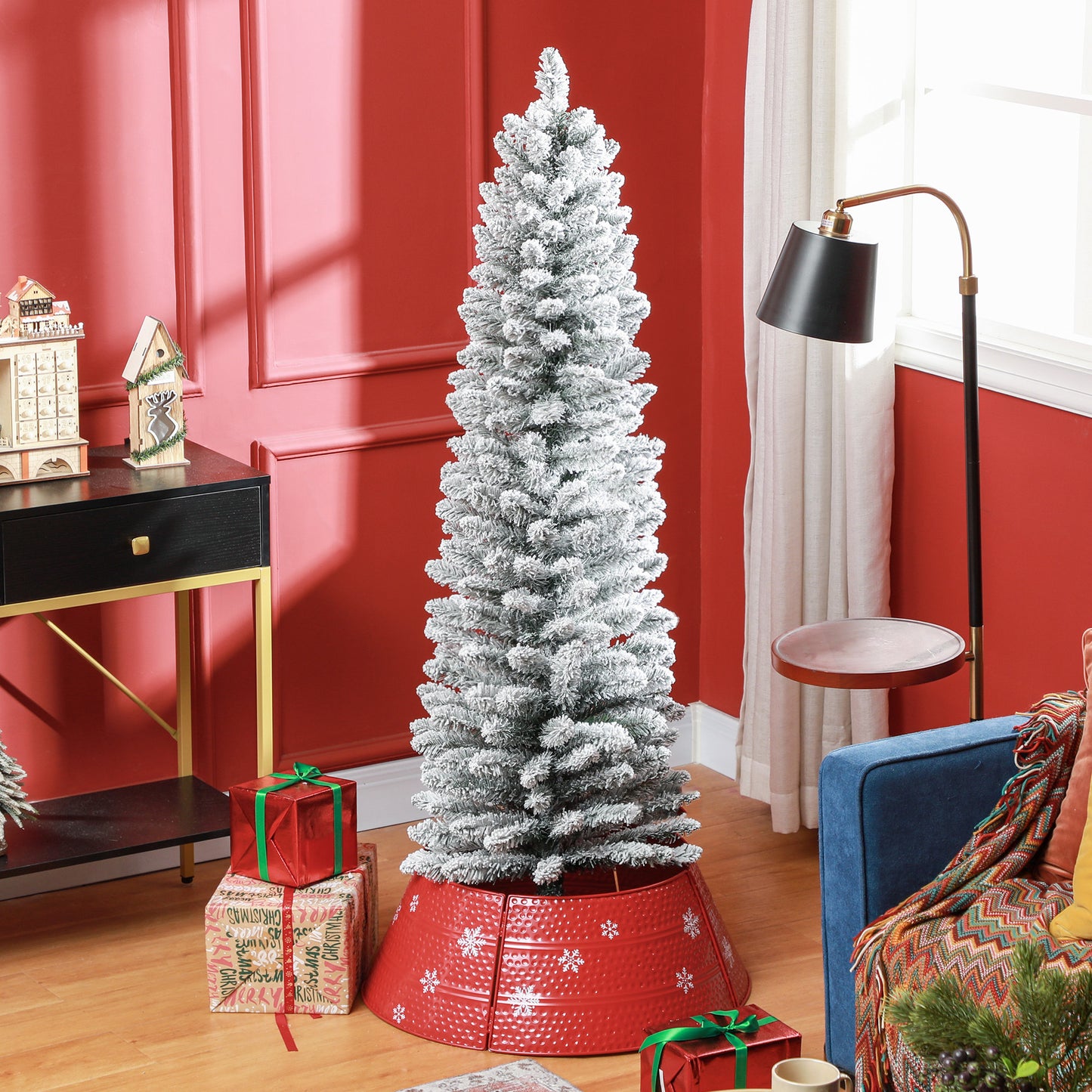 HOMCOM 5ft Artificial Pencil Christmas Tree with 263 Snow Flocked Tips, Metal Base, Realistic Xmas Tree