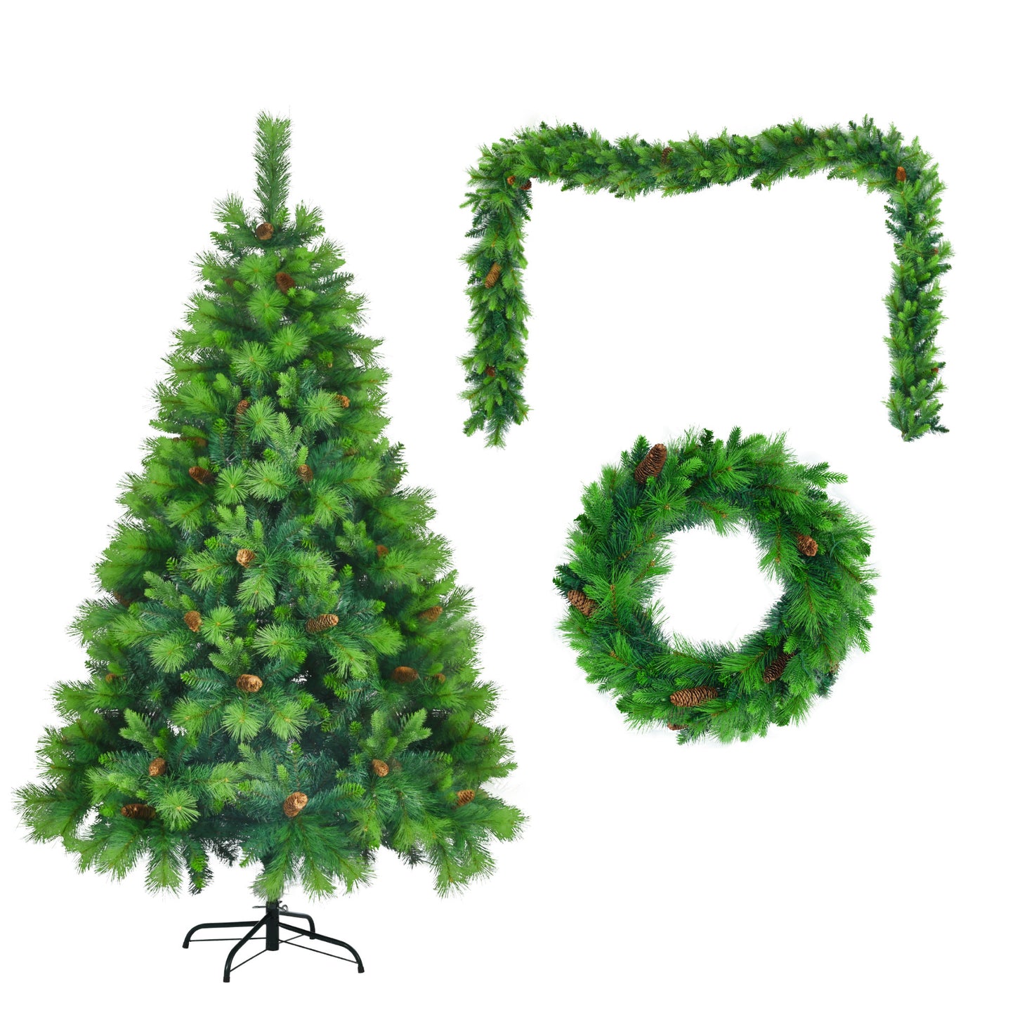 6FT Grass Green Christmas Tree, Large Branches Pine Tree, Pre-Lit Set with Tree & Garland & Wreath, Artificial Christmas with Pine Cones, Hinged Xmas Tree , for Holiday Party Ofiice Home