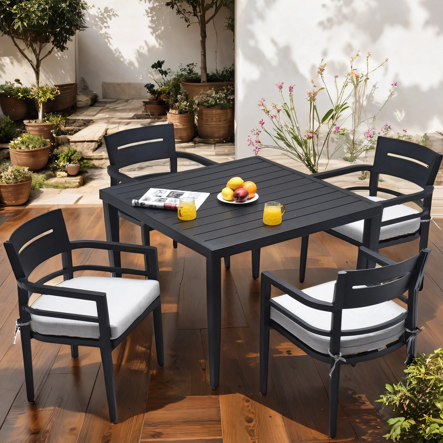 Outdoor Patio Aluminum 40"x40" Square Dining Table with Tapered Feet & Umbrella Hole, Ember Black