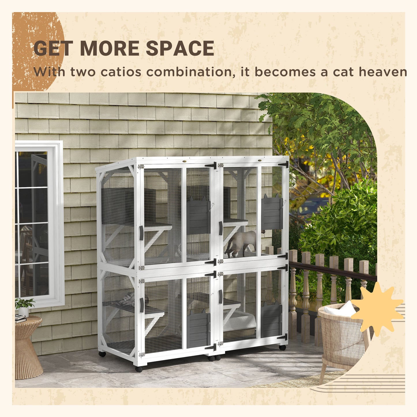 PawHut Wooden Catio with Waterproof Roof, Large Cat House with High-Up Resting Box, Indoor & Outdoor Cat Enclosure with Wheels, for 1-3 Cats, White