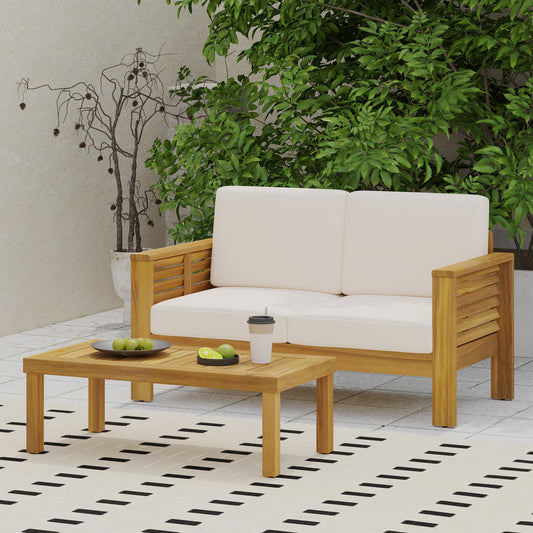 Teak Acacia Wood Loveseat and Coffee Table Set with Cream Cushions