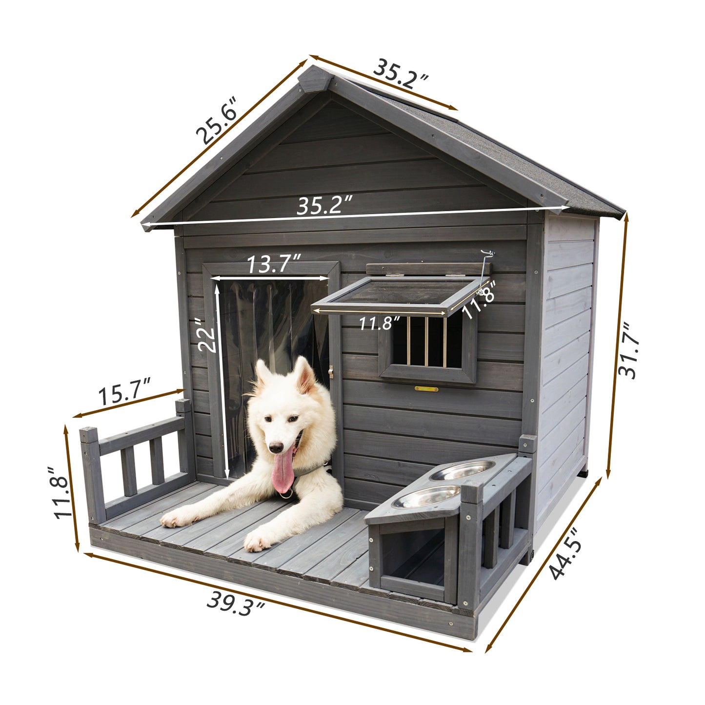 Large dog house, 44.2" long x 44.6" wide x 44.6" high solid wood asphalt roof dog house for large dogs with large terrace, weatherproof large dog house,Complimentary dog bowl