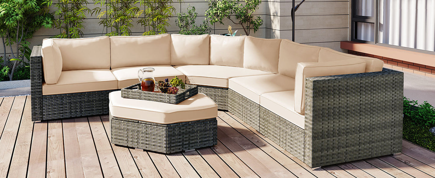 U-style Patio Furniture Set, 6 Piece Outdoor Conversation Set All Weather Wicker Sectional Sofa with Ottoman and Cushions and Small Trays