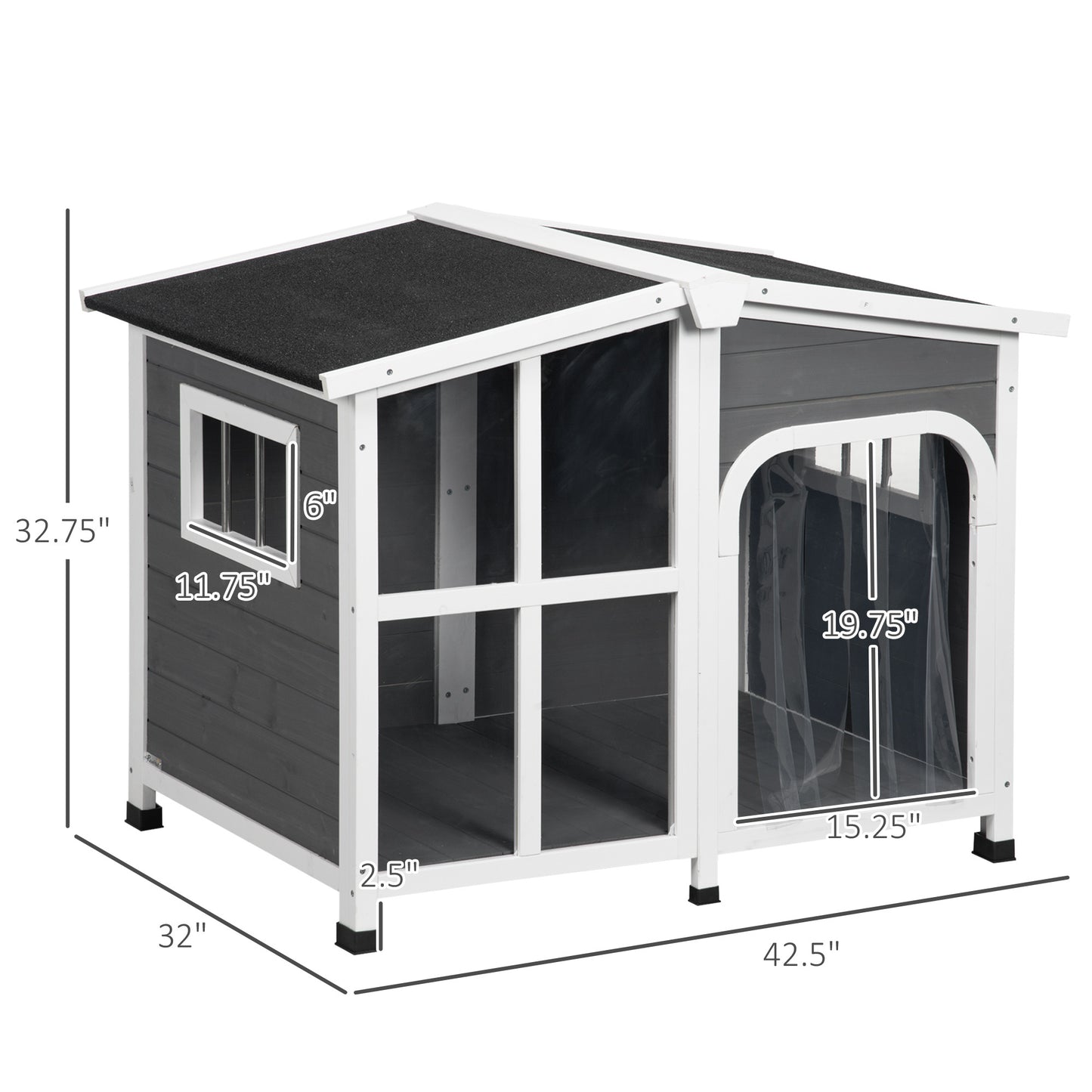 PawHut Cabin-Style Wooden Dog House for Large Dogs Outside with Openable Roof & Giant Window, Big Dog House Outdoor & Indoor, Asphalt Roof, Gray