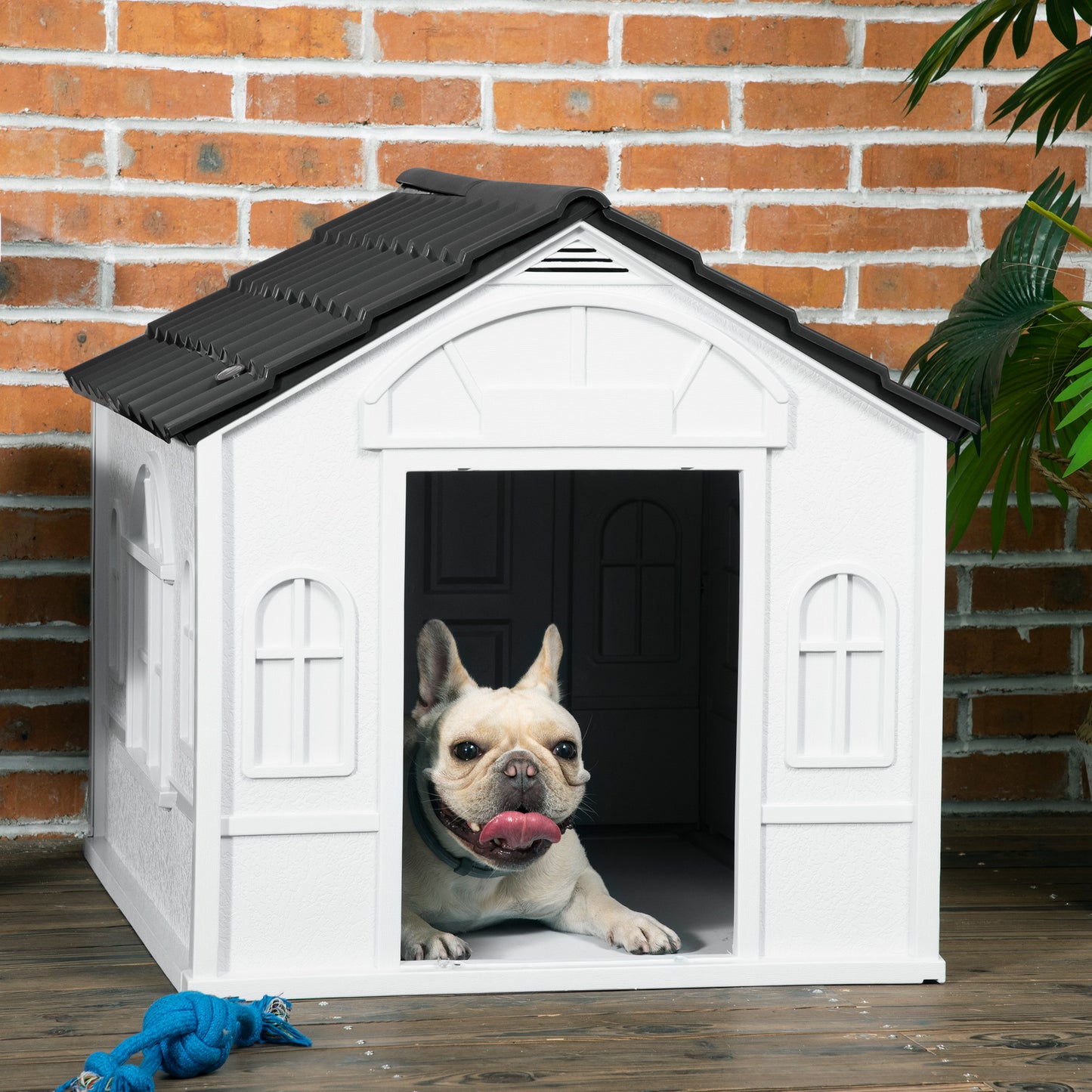 PawHut Plastic Dog House, Water Resistant Puppy Shelter Indoor Outdoor with Door, Easy to Assemble, for Medium and Small Dogs, Gray