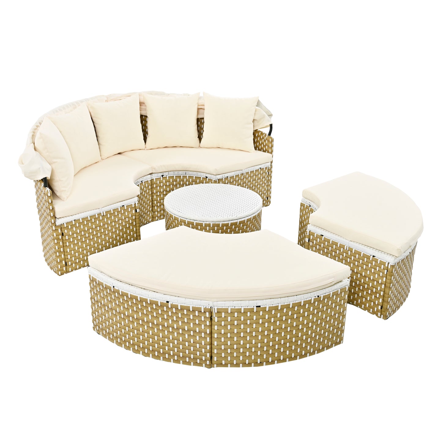 TOPMAX Patio Furniture Round Outdoor Sectional Sofa Set Rattan Daybed Two-Tone Weave Sunbed with Retractable Canopy, Separate Seating and Removable Cushion, Beige